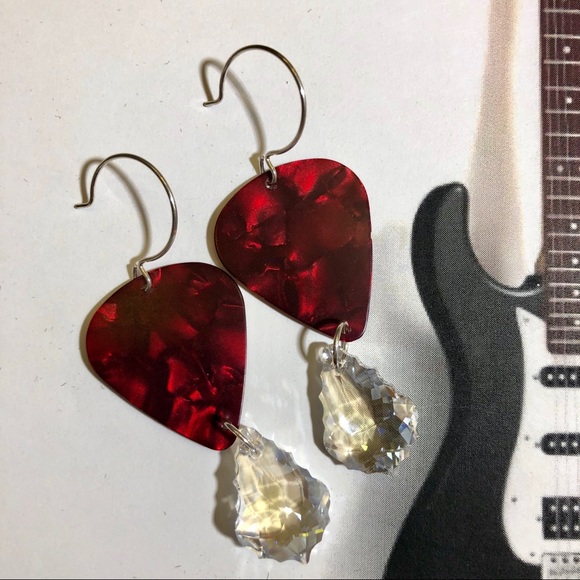 Guitar Pick Earrings OOAK Champagne crystal drops - Picture 3 of 3
